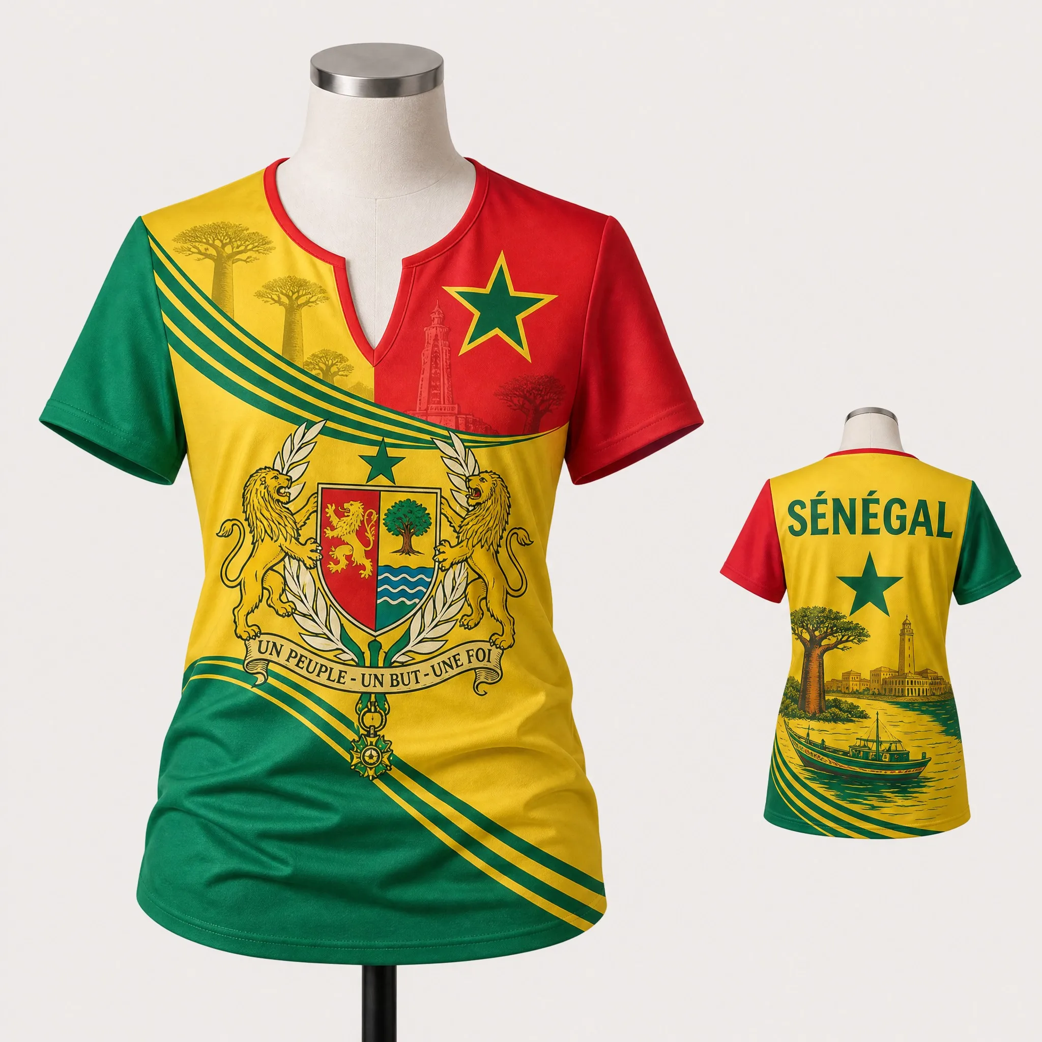 Womens Senegal Small V Neck T Shirt Yellow Lion Crest Tree Boat Print Casual Summer Short Sleeve Top Heritage Daily Street Looks