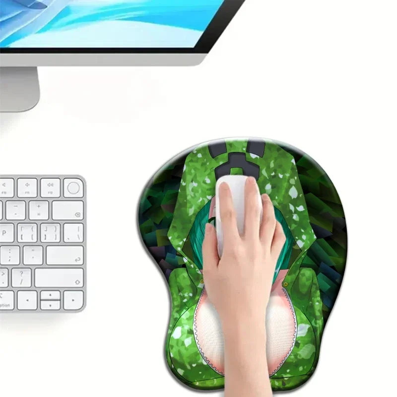 Alas Mouse Mosaik Gadis Anime Gaya Pixel Hijau dengan Penyangga Pergelangan Tangan untuk Gamer PC, Alas Mouse Hentai Payudara Besar