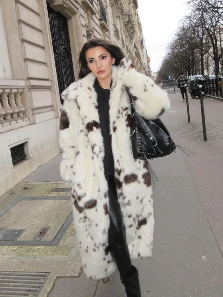 2024 Chic Leopard Spotted Faux Fur Long Coatสําหรับผู้หญิงElegant Fluffy Plush Thicken Warm Lapel Overcoatฤดูหนาวแฟชั่นOuterwear