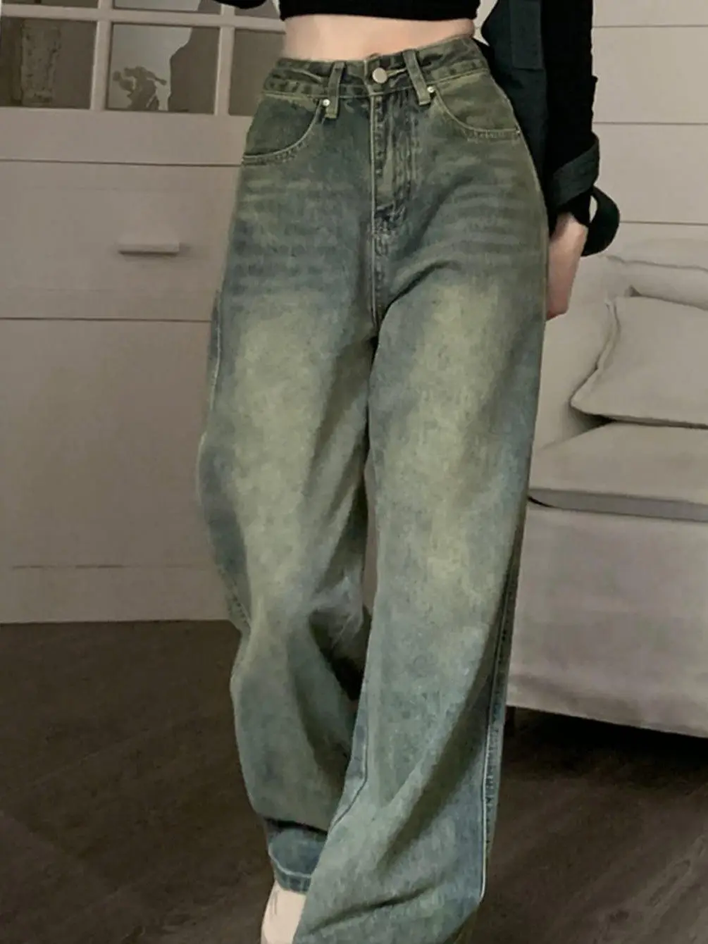 Retro Distressed High Waist Wide Leg Jeans Women's Loose Fit Floor Length Casual Style Korean Fashion Long Pants
