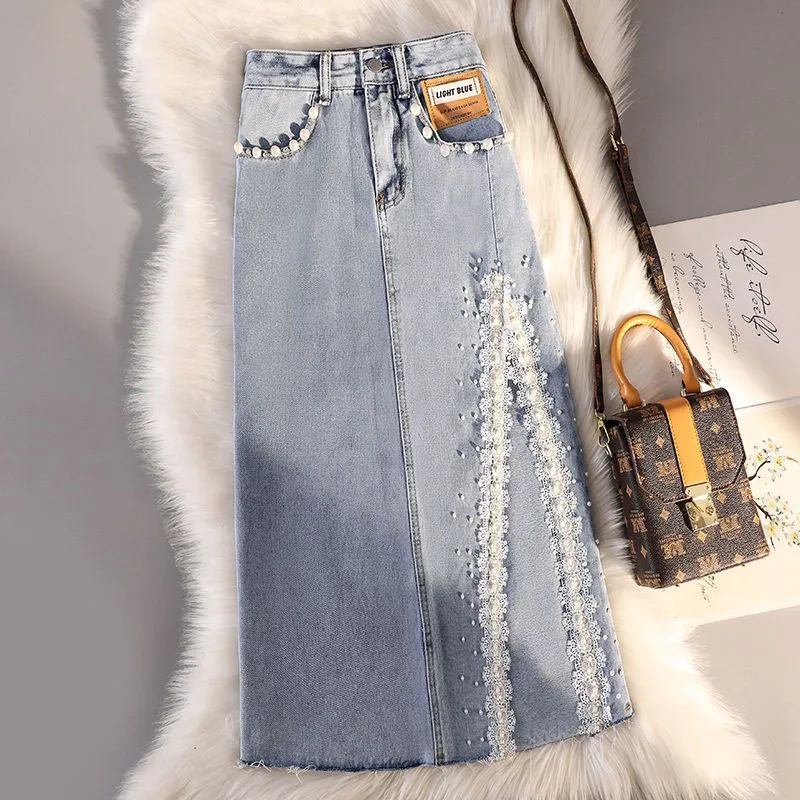 New Denim Skirt Women\'s Summer High Waist Long Cover Hip Thin Nail Bead Slit A line Package Hip Skirts Fashion Female Skirts 3XL