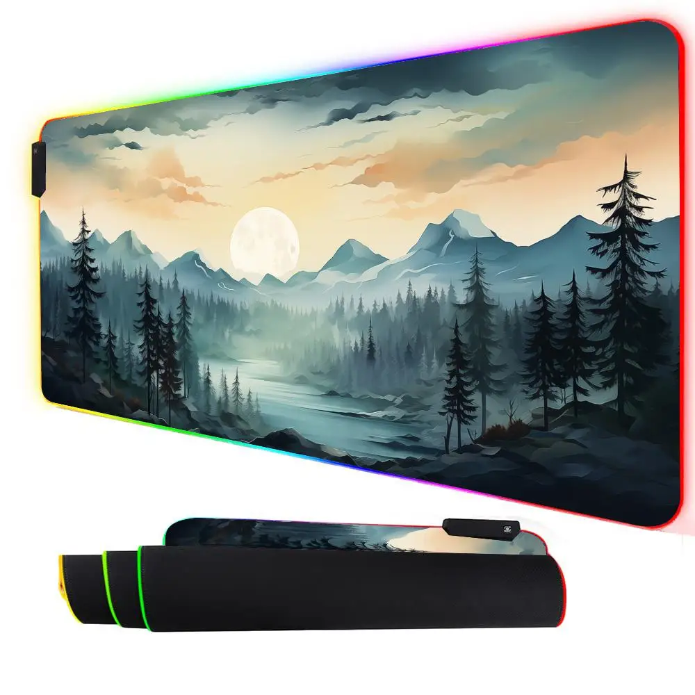 

Дизайн «Лесной и закат» RGB Коврик для мыши Настольный коврик Игровой коврик Нескользящий коврик для клавиатуры с прошитыми краями Коврик для мыши со светодиодной подсветкой Игровой коврик для мыши