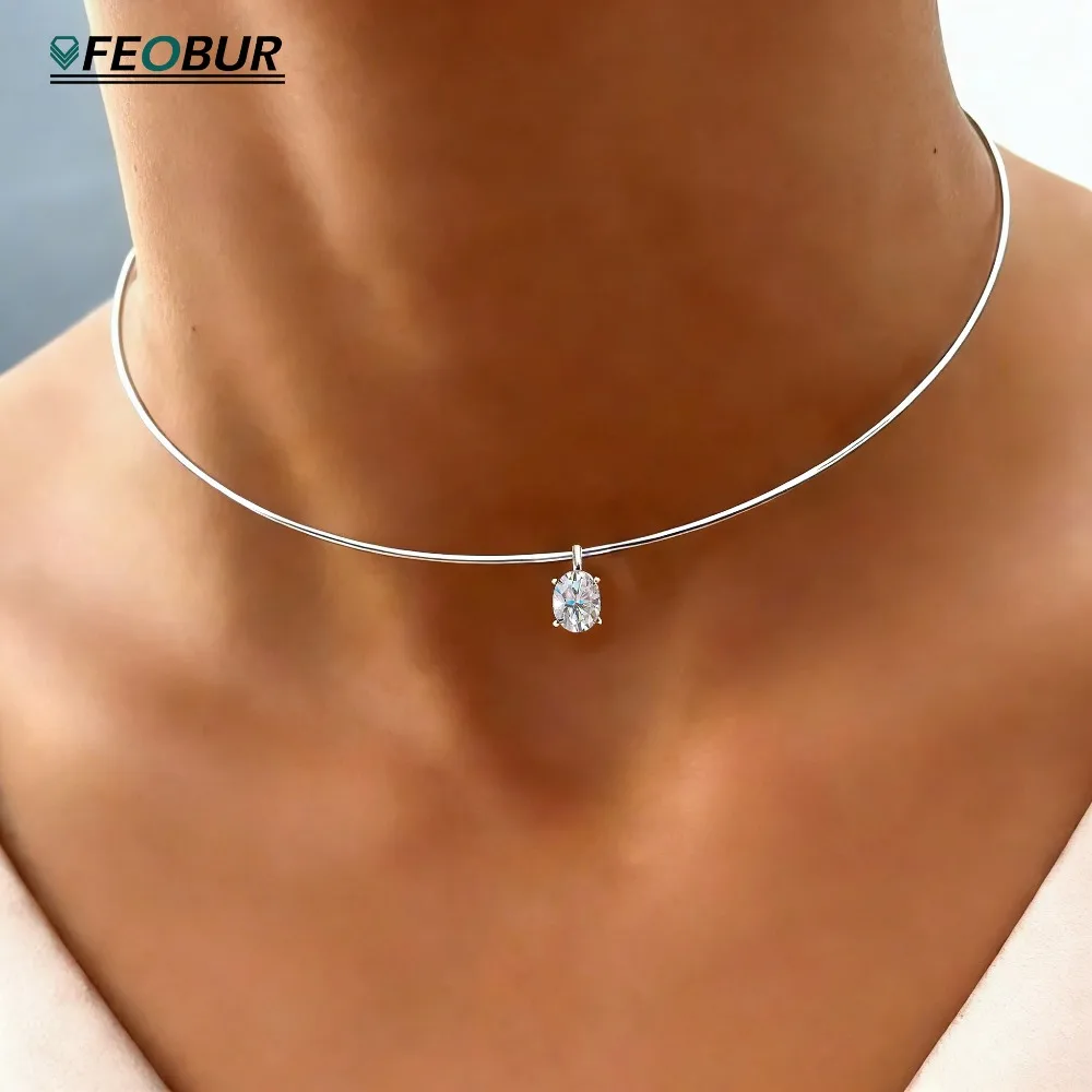 

FEOBUR 3CT Oval Cut Moissanite Pendants Choker Necklace 925 Sterling Silver Solitaire Diamond Collar Chain Women Jewelry Gift