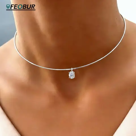 FEOBUR 3CT Oval Cut Moissanite Pendants Choker Necklace 925 Sterling Silver Solitaire Diamond Collar Chain Women Jewelry Gift