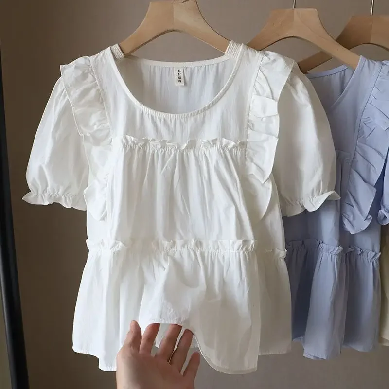 Femme Summer Korean Fashion Ruffles Solid Color O-neck Puff Sleeve Women Clothes Casual All-match Appear Thin Ruffles Short Slee