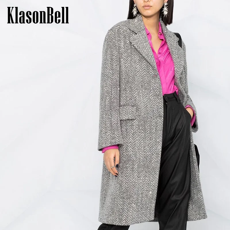 

12.20 KlasonBell Women Temperament Elegant Crystal Diamonds Herringbone Lapel Collar Belt Collect Waist Wool Coat