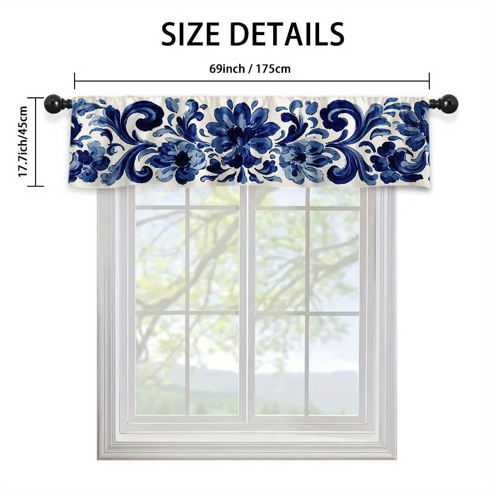 VIKAMA Blue Floral Valance Curtain, Rod Pocket Semi Sheer Window Treatment for Kitchen Bathroom Living Room Decor