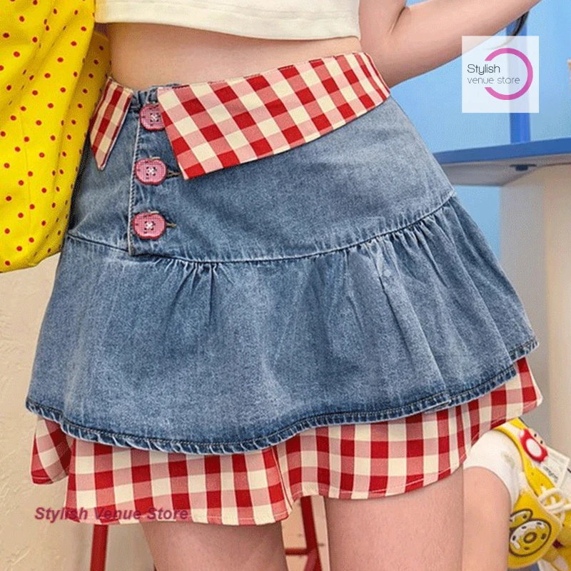 

American red plaid fake two-piece design denim skirt female summer fashion temperament y2k spice girl slim short A-shaped skirt