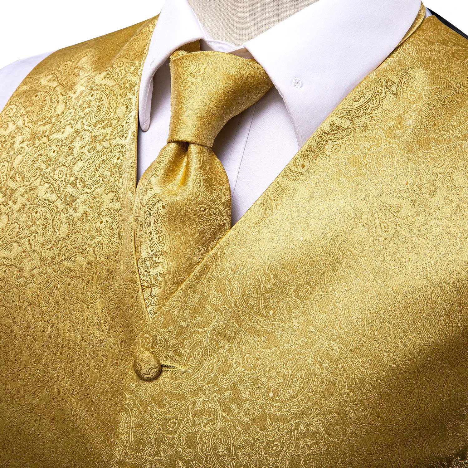 Fashion Silk Vest For Men Classic Gold Champane Yellow Waistcoat Jacket Tie Hankerchief Cufflinks Sets Dress Suit Wedding Hi-Tie