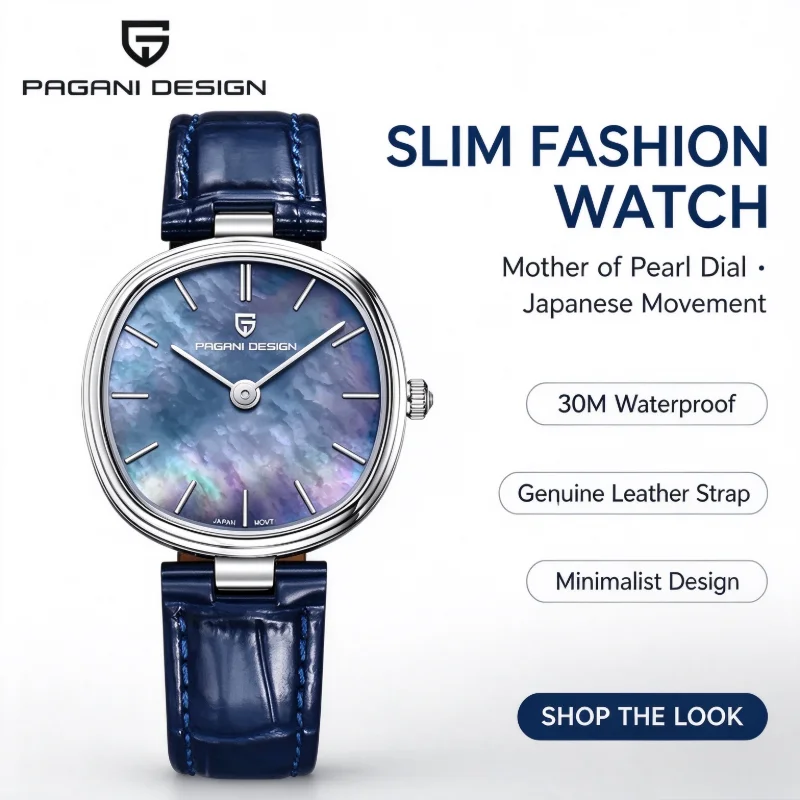 PAGANI DESIGN PD-1825 Women Quartz Watch Miyota GL22 Purple Mother of Pearl Dial Sapphire Glass Navy Blue Leather Strap Ladies