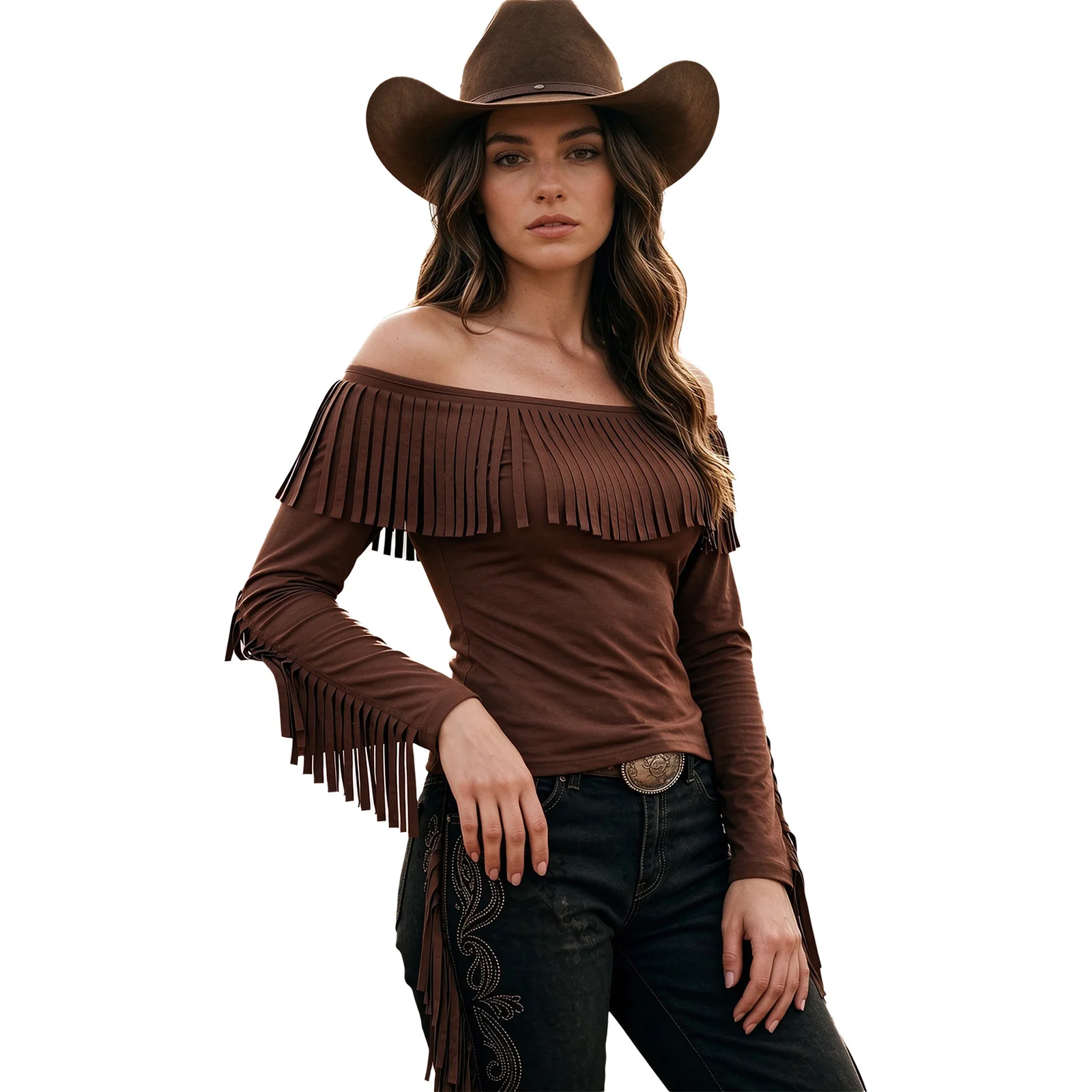 Women Western Cowgirl Tops Off The Shoulder Long Sleeve Tassel Solid Color Stretchy Retro T-shirt Tee for Halloween Theme Party