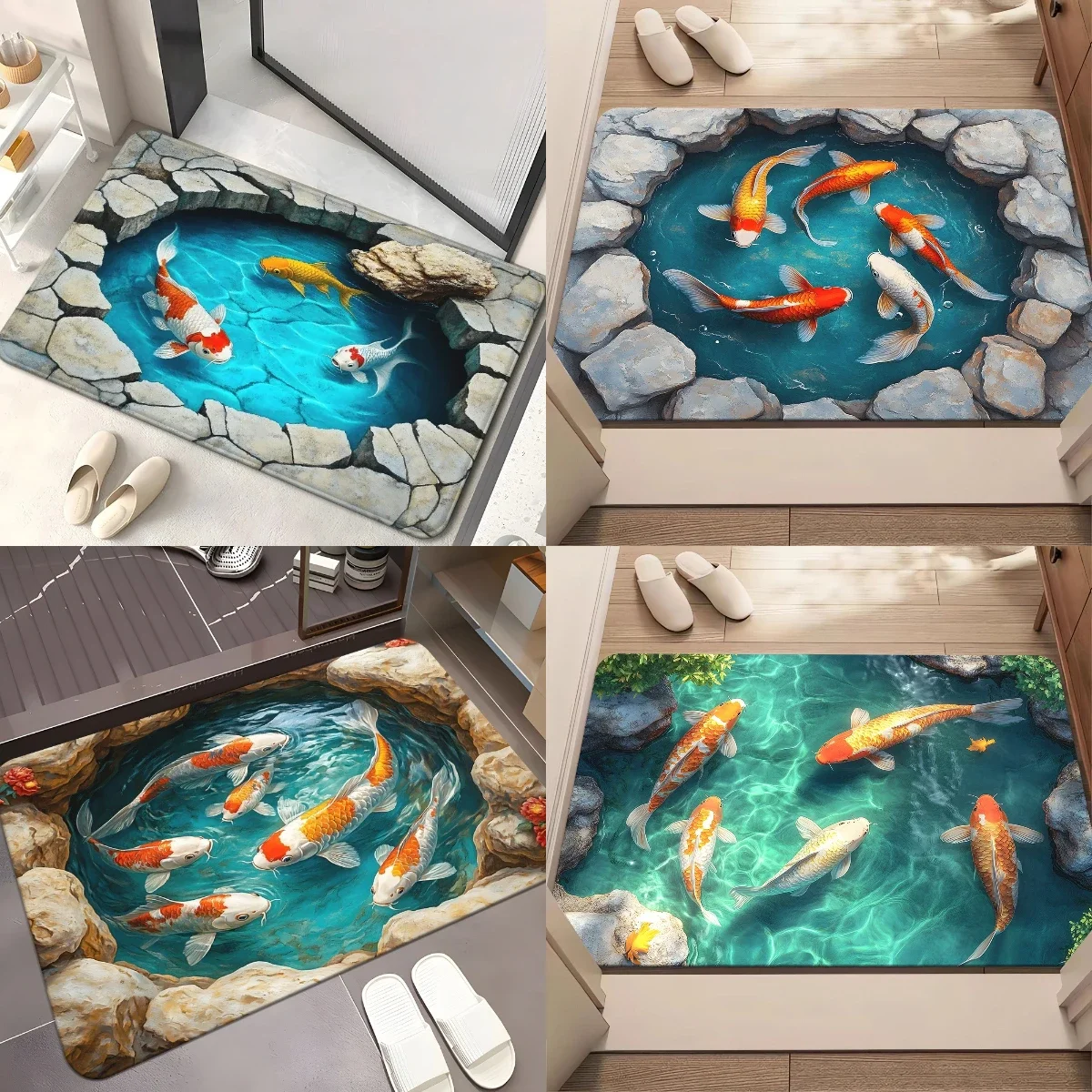 llusion Pond Koi Doormat Bathroom Bedroom Living Entrance, Bath Mat Serene Design Fish Decoration Floor Mats Camping Picnic Rug