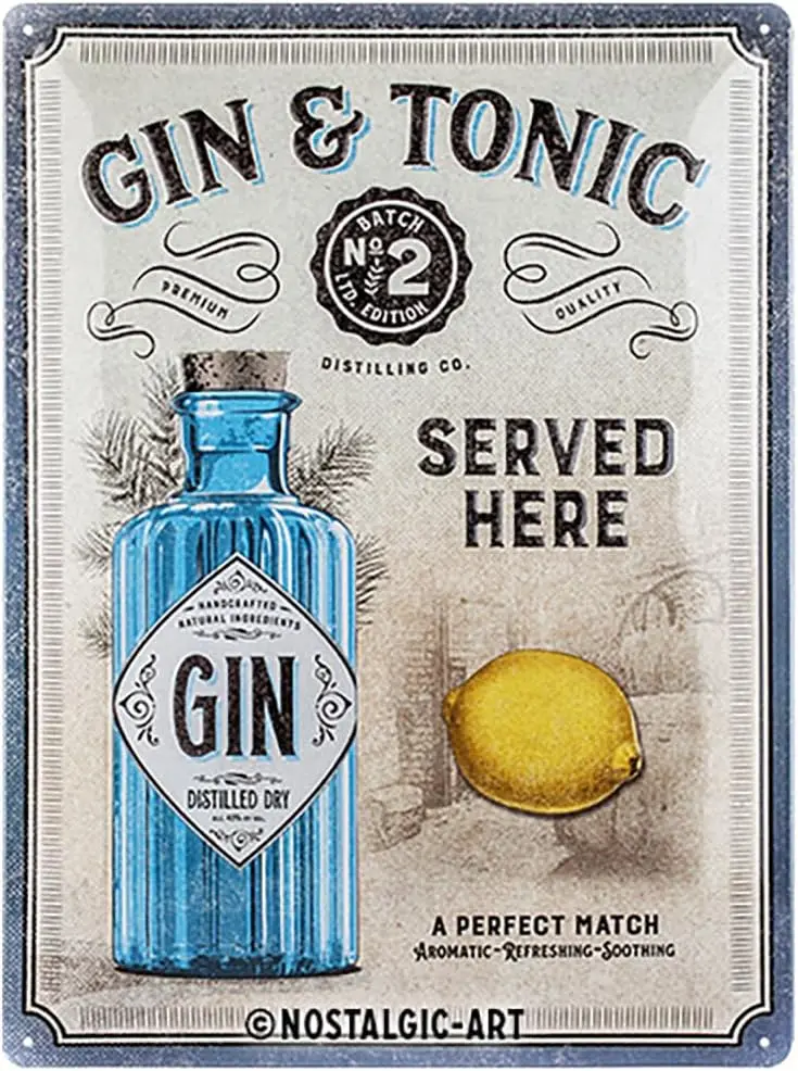 Nostalgic-Art Retro Tin Sign – Gin & Tonic Served Here – Gift idea for cocktail fans, Metal Plaque, Vintage design for wall