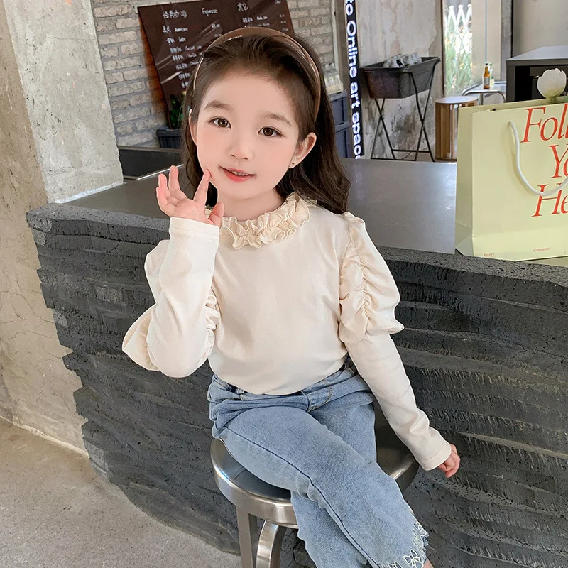 

Girls' Base Shirt, Spring Style, Women's Treasure, Sweet Top, T-Shirt, Fashionable Stylish Lace Collar, Paired With Children's