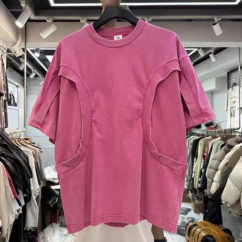 Rose Red High Street Heavyweight Wash Make Old T-shirt Splicing O-Neck Loose Hip Hop Men Woman Summer Top Tees