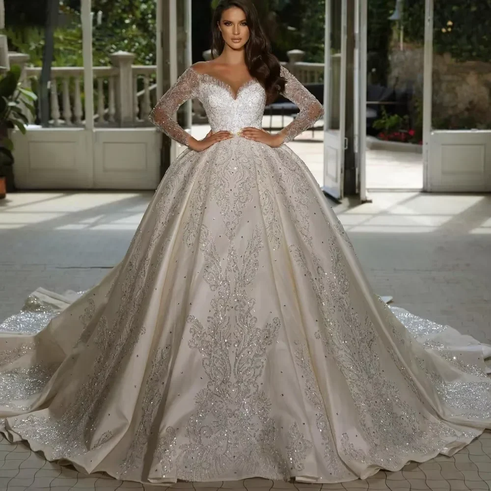 

Customized Princess Luxury Satin Ball Gown Wedding Dress Elegant V Neck Long Sleeve Bridal Gown Sequins Beaded Bride Dress