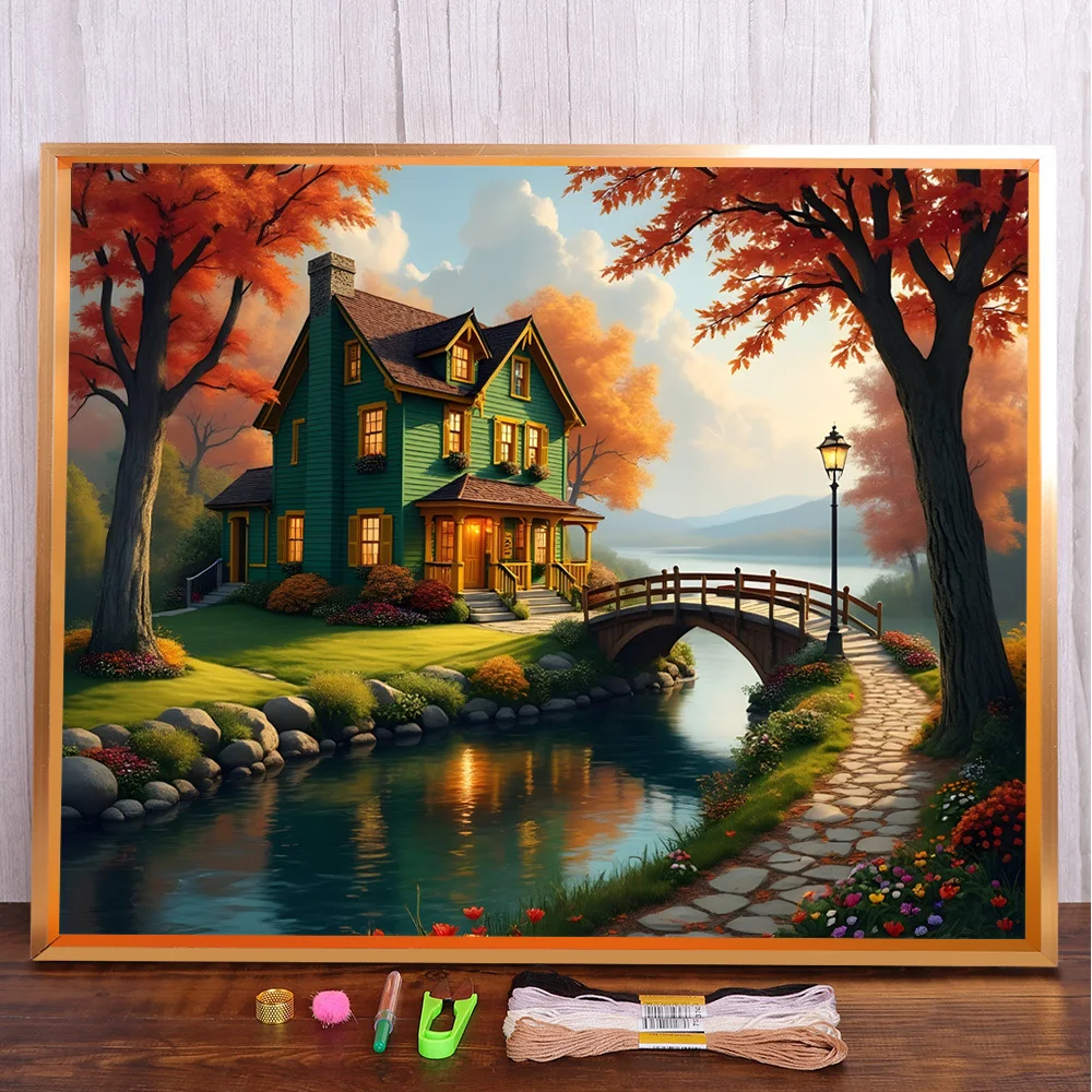 Scenery Autumn Villa Printed 11CT Cross-Stitch Embroidery Kit DMC Threads Handmade Craft Handiwork Sewing Counted Magic Needle