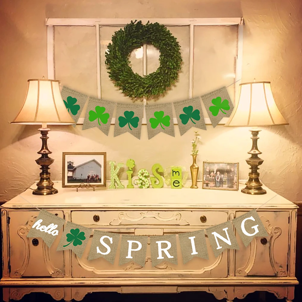 

2 pcs Four-Leaf Clover Burlap Banner St. Patrick'S Day Decor Shamrock Bunting Garland Party Hanging Flag Burlap Garlands For