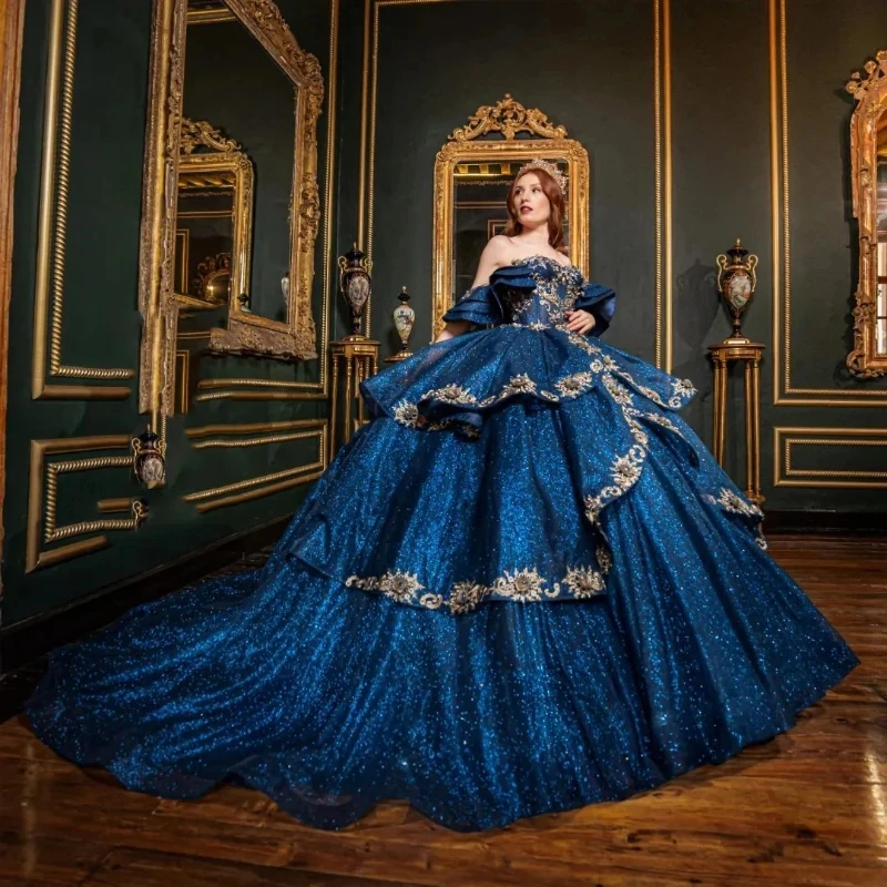 

Luxury Royal Blue Off The Shoulder Quinceanera Dress Sequin Appliques Lace Beads 2024 Ball Gown Sweep 16 Train Vestidos De 15