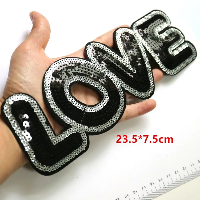 1pc Sequin Love Letter Patches for Clothes DIY Iron on Black Parch Appliques Embroidery Applique Patch Ropa Clothing Accessory