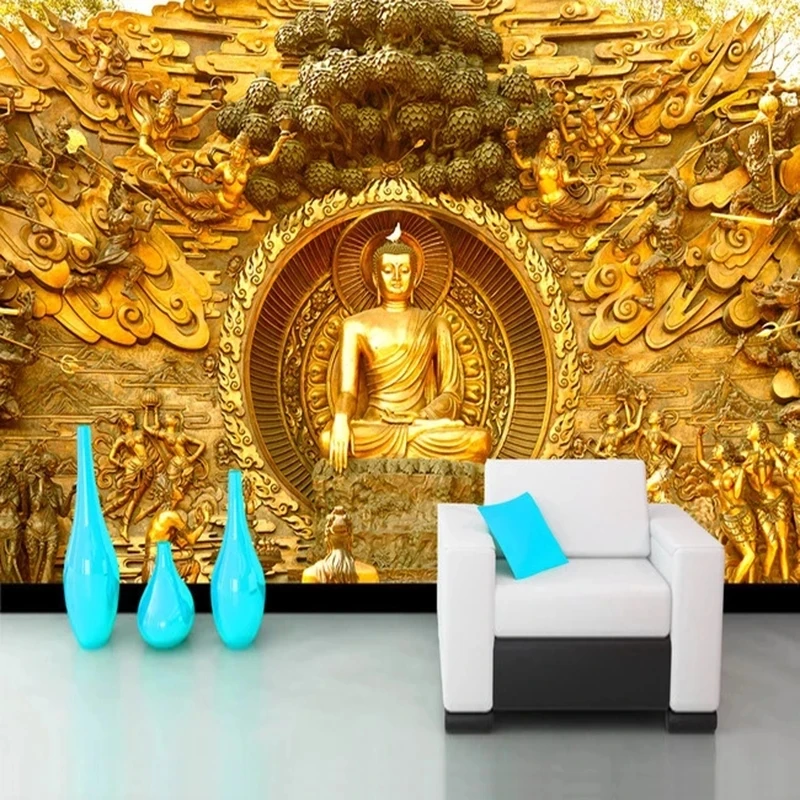 Custom 3D Golden Buddha Statue Buddhist Temple Mural Restaurant Self Adhesive Wallpaper Living room sofa TV background bedroom