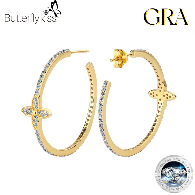

Большие серьги-кольца Butterflykiss с муассанитом и четырьмя листами клевера, проходят серьги с бриллиантами, серебро 925 пробы, позолоченные 14-каратным золотом, ювелирные изделия