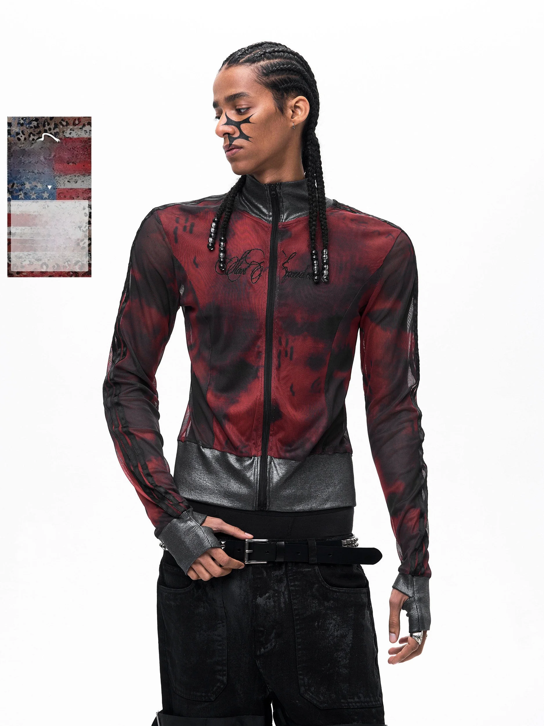 

See Three Bars Mesh T-Shirt Men's Long Sleeve Slim Fit Stand Collar Base Shirt Visual Style Tee Youth Culture Dark Style
