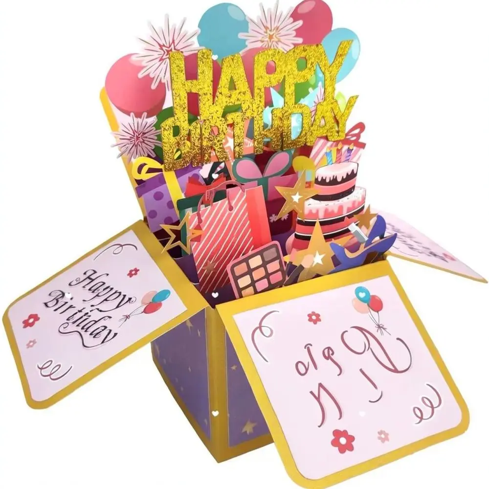 Stunning 3D Birthday Pop Up Card Laser Cut Glitter Powder Box Decorative Blessing Note For Special Day Celebration