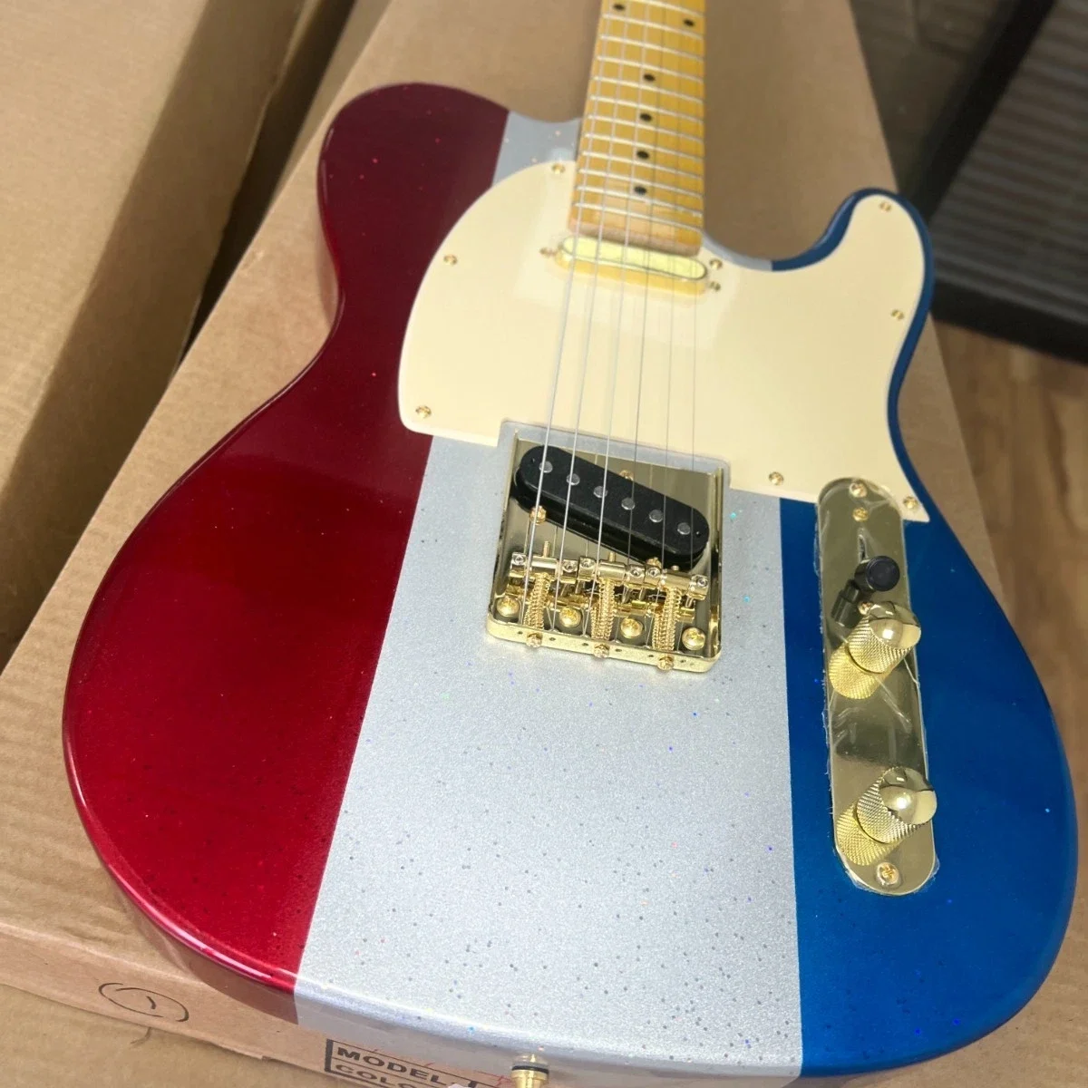 In Stock Retro Sparkle TL Electric Guitar Red White Blue Split Paint Single Coil Setup Maple Fingerboard