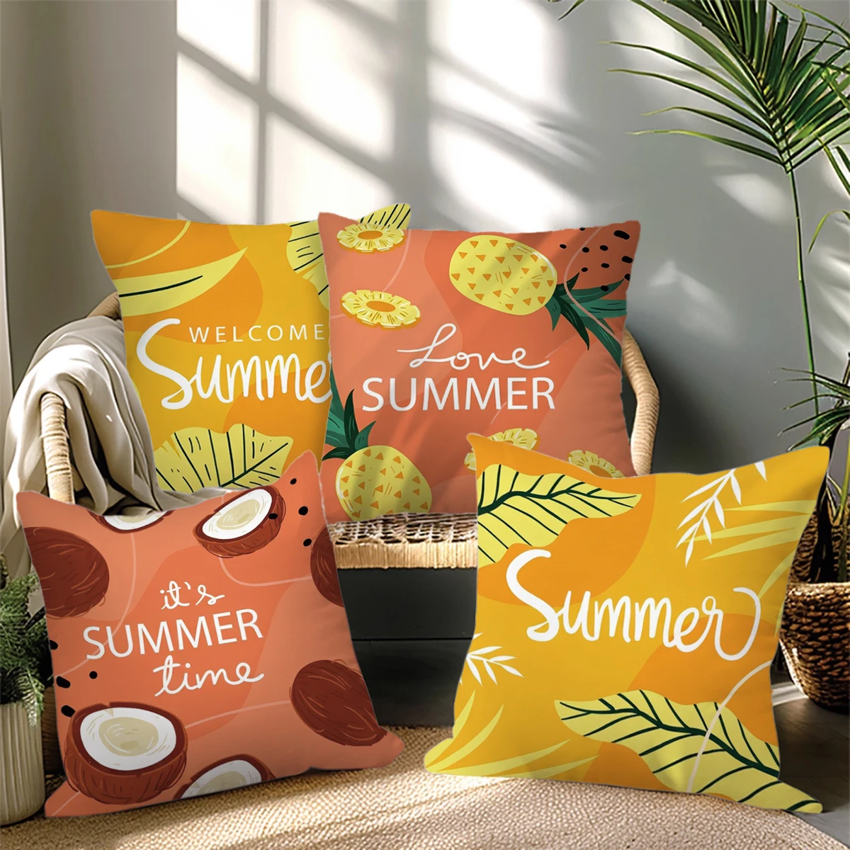 4pc Summer Tropical Throw Pillow Covers Coconut Pineapple Leaf Decorative Cushion Cases for Home Sofa Patio