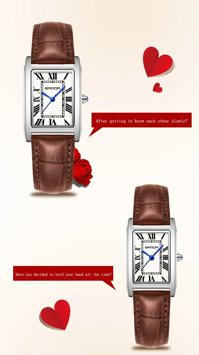 SANDA New Leisure Leather Strap Men Women Couple Tank Watches Vintage Korean Roman Scale Square Temperament Quartz Wristwatch