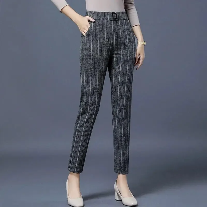 Office Lady Fashion Striped Straight Pants Spring Autumn Elastic High Waist Loose Casual Woman Black Pencil Trousers 2024 N45