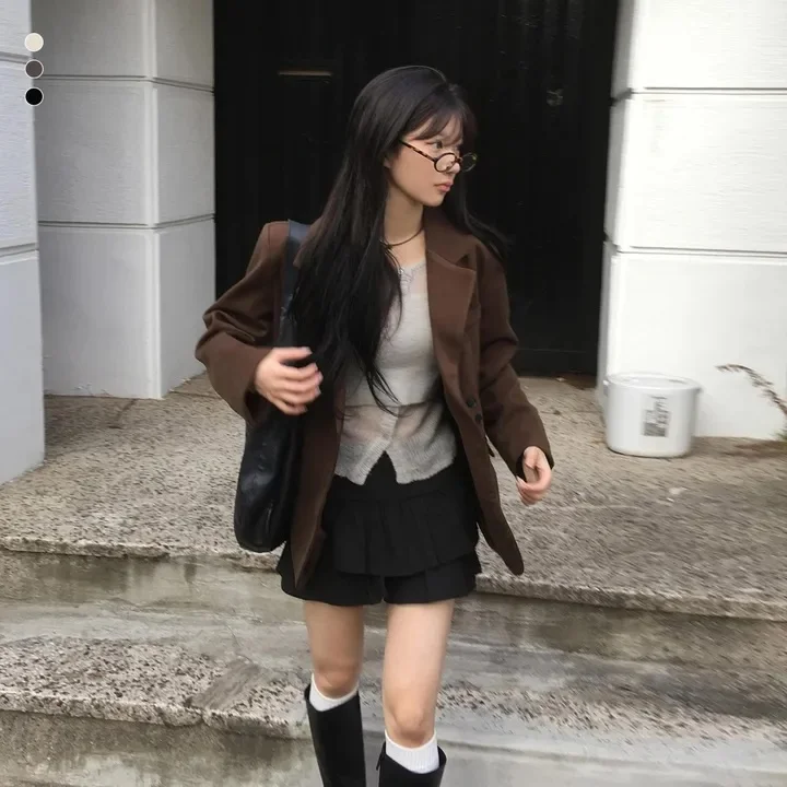 Autumn Winter Woolen Suit Jacket Loose Plaid British Style Coat Korean Version Long Sleeve Regular Length Polyester Fiber
