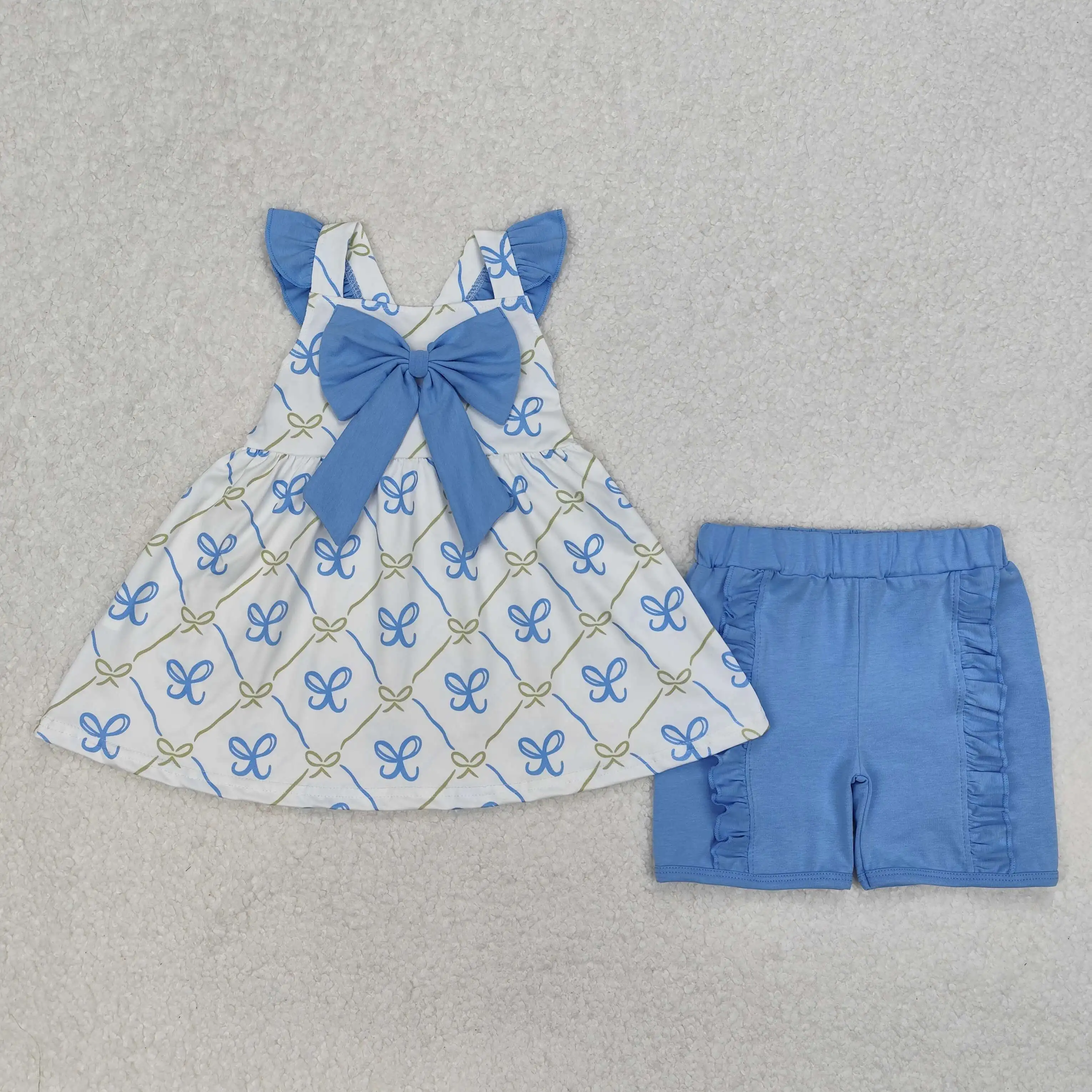 Wholesale Children Summer Infant Two Pieces Outfit Toddler Sleeveless Flower Bows Tunic Kids Ruffle Cotton Shorts Baby Girl Set