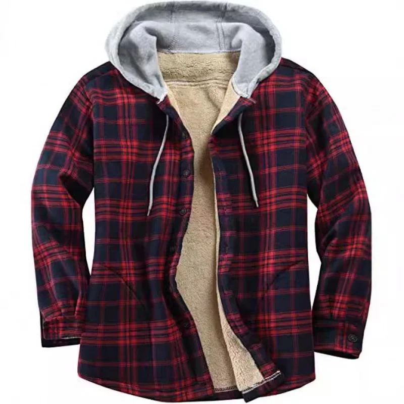 

European and American 's New Flannel Plaid Long Sleeve Hooded Fleece Lined Loose Fit Men's