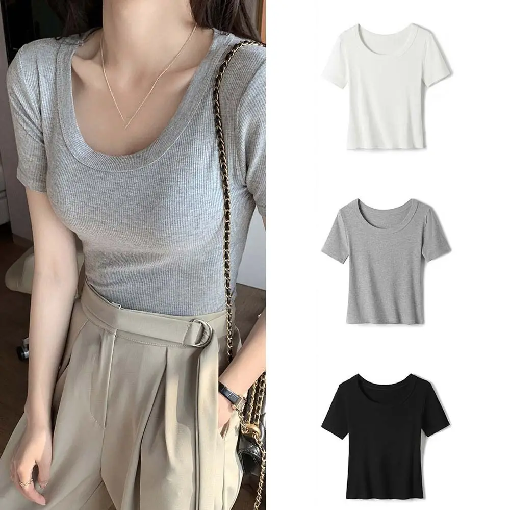 

Slim Korean Y2K Crop Tops Round Neck Corset Black White Grey T-shirt Solid Color Breathable Slim Short T-shirt Streetwear