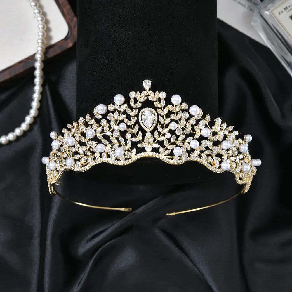 Cubic Zirconia Crystal Pearl Bridal Tiaras For Wedding Bride Hair Jewelry Accessories Crowns For Women Pageant Party Headdress