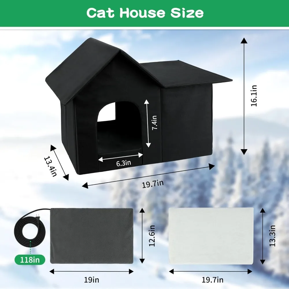 Outdoor Weatherproof Cat House for Winter, Heated Cat House for Outdoor with Pet Heating Pad, Large Warm Feral Cat Home