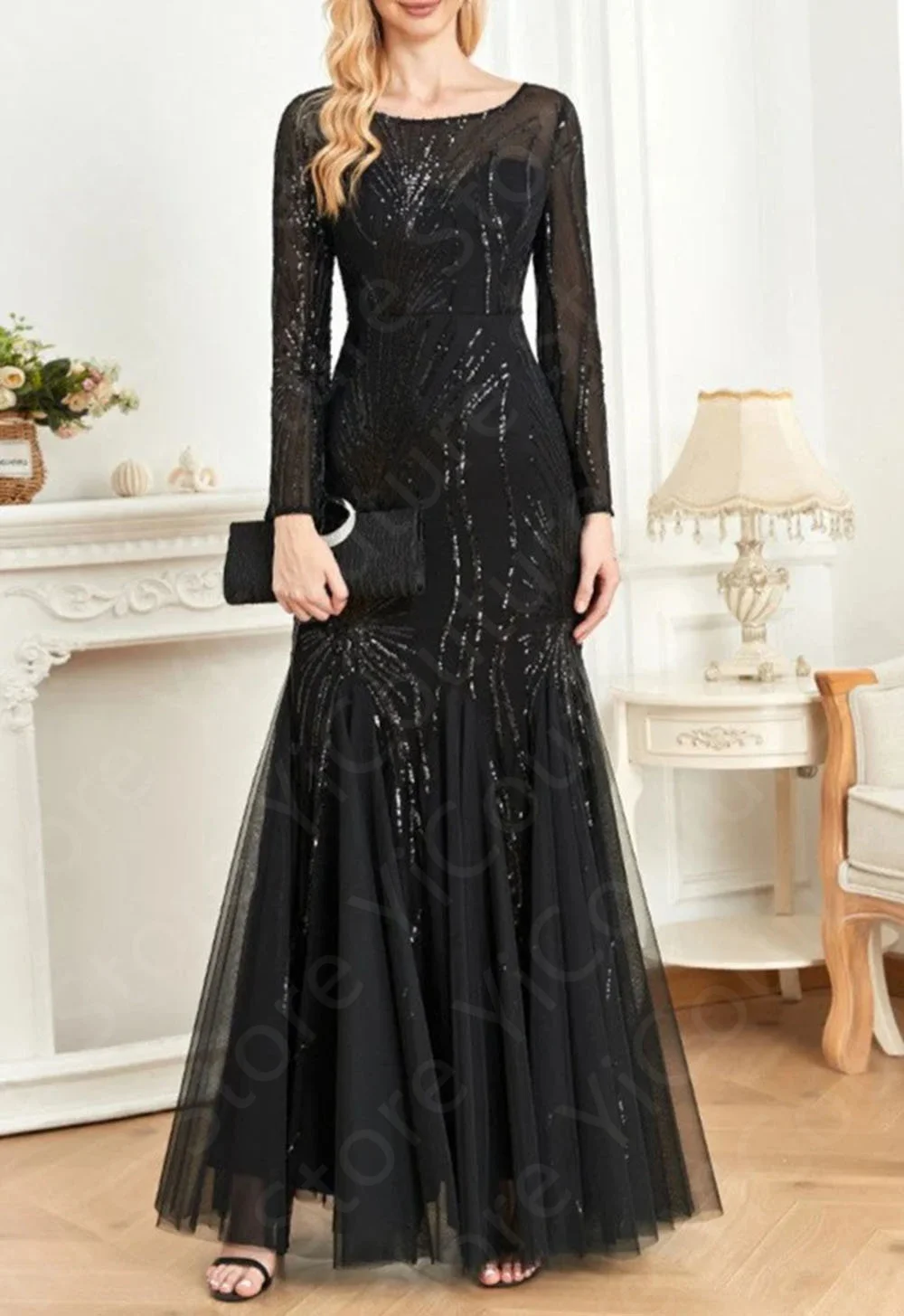 فساتين سهرة أنيقة مخصصة باللون الأزرق الملكي حورية البحر فساتين حفلات بأكمام طويلة متألقة لحفلات الزفاف خط عنق الوهم #4