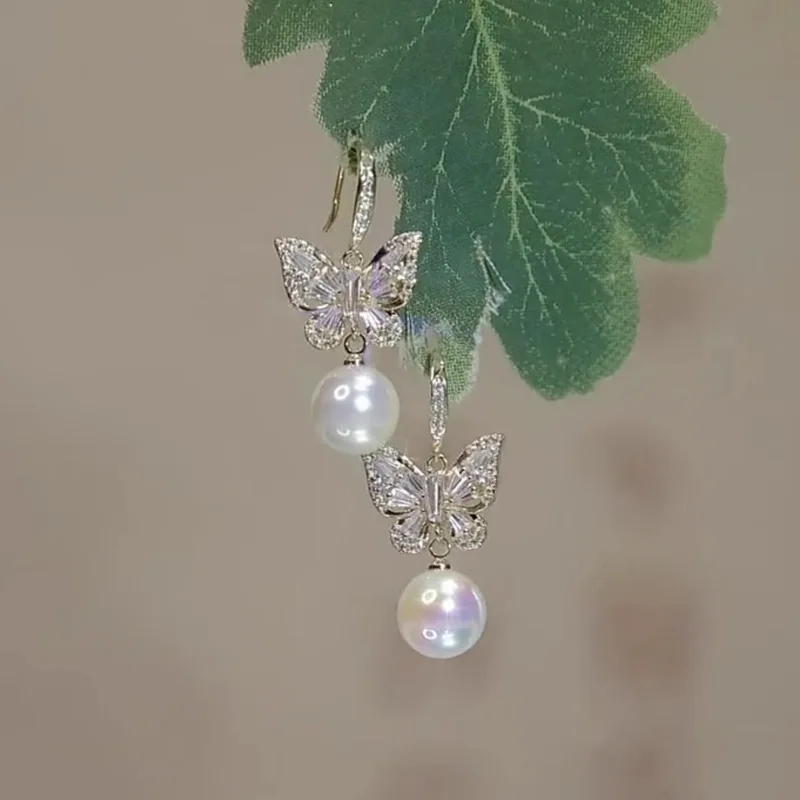 New Fashion kryształ cyrkon kolczyki motyl dla kobiet luksusowe Rhinestone perły kolczyki Girls Party ślubne ozdobne biżuteria