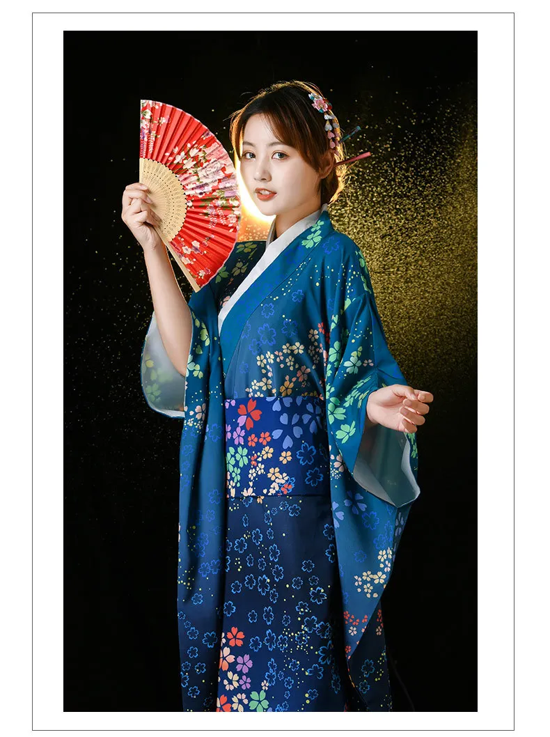 Kimono Top Grade Blue Japanese Style Lady Kimonos Gown Sexy Women Yukata With Obi Vintage Evening Party Dress Flower One Size