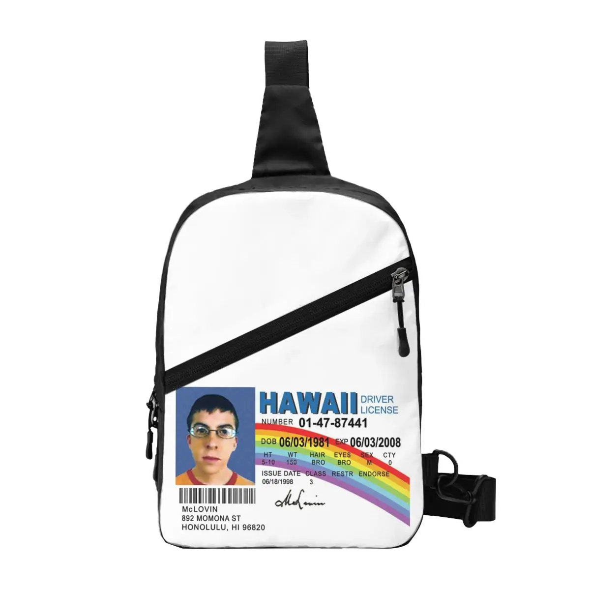 McLovin Driver License Chest Bag Men Sling Crossbody Backpack Chest Bag Traveling Hiking Daypack Shoulder Bag