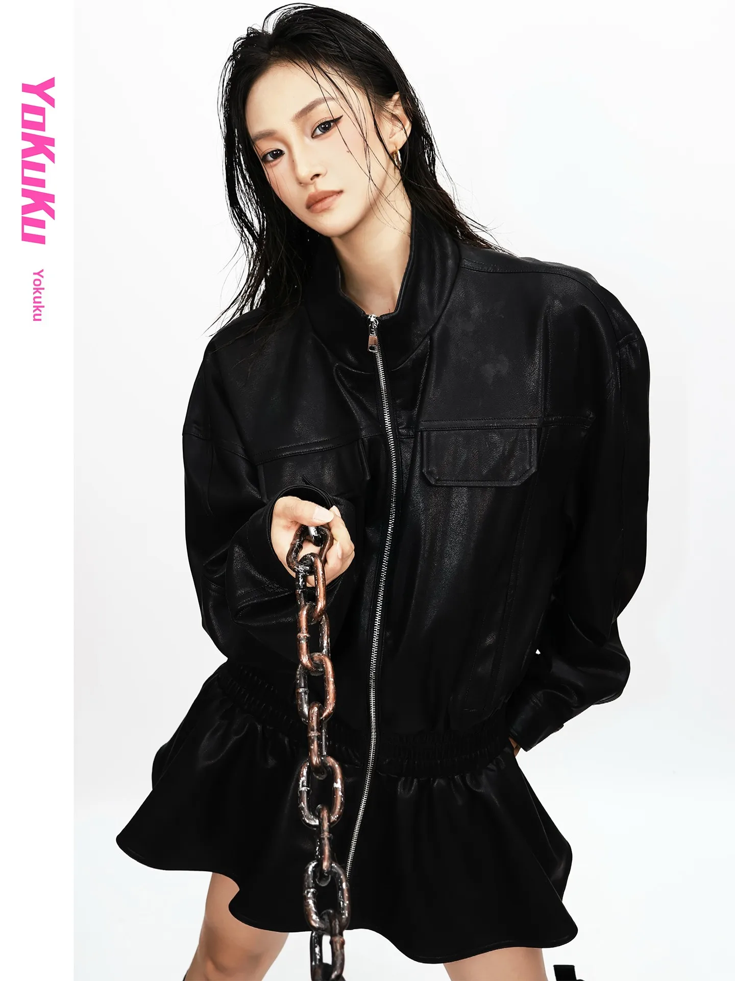 Stylish American Cool Double Zipper Leather Jacket Women's Windproof Trendy PU Leather Coat Long Sleeve Mid-Length Style