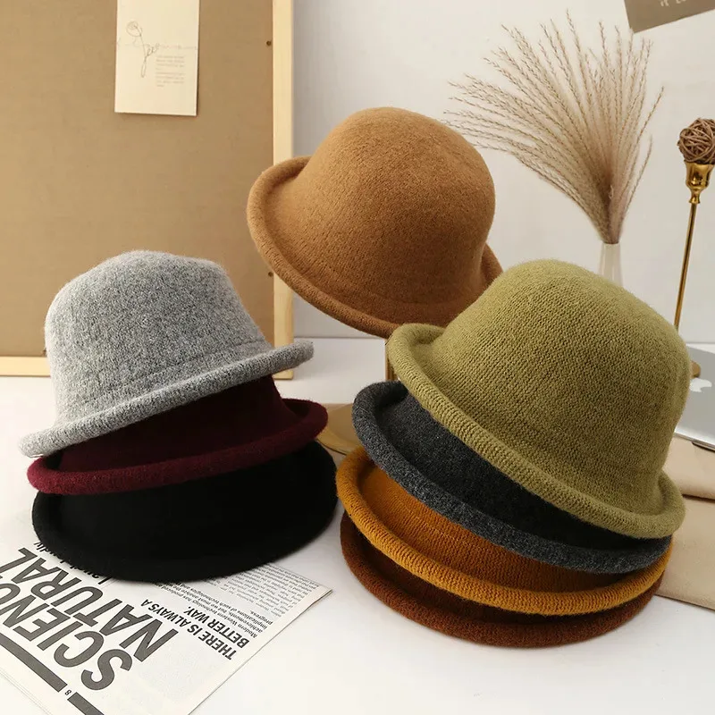 

Women Hat Winter Wool Knitted Fedora Small Topper Hat Casual Ladies Solid Color British Top Hat Rolled Brim Official Website