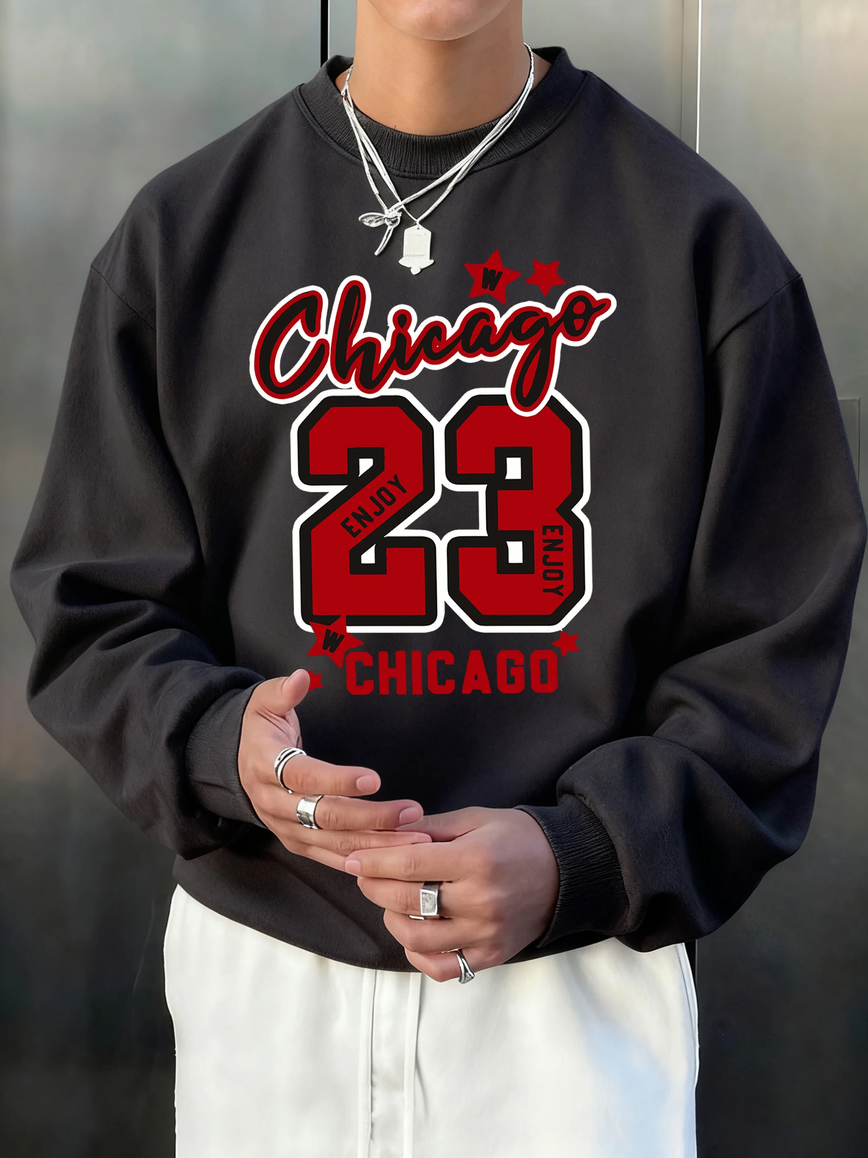 Chicago Enjoy Number 23 Prints Sweatshirt Men Fleece Loose Pullover Autumn O-Neck Fashion Sportswear Unisex Colour Retro Top