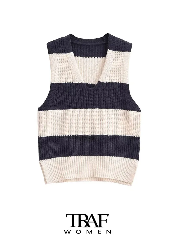 TRAF Women Fashion With Split Hem Striped Knit Vest Sweater Vintage V Neck Sleeveless Female Waistcoat Chic Tops