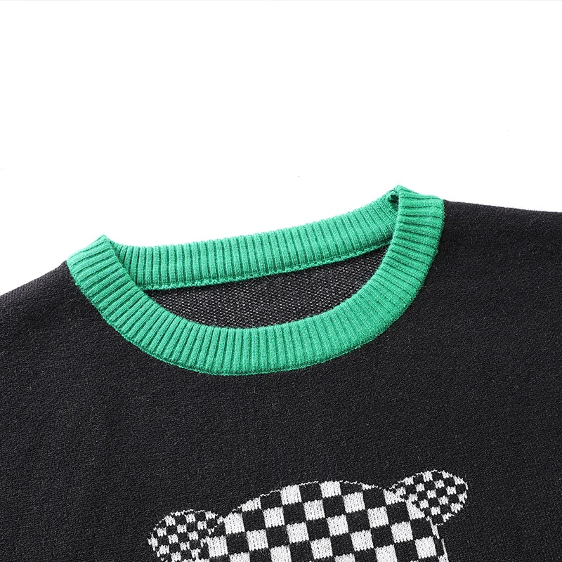 Harajuku Knitted Sweaters Men Clothes Checkerboard Plaid Pullover Male Loose Cartoon Bear Pattern Print Knit