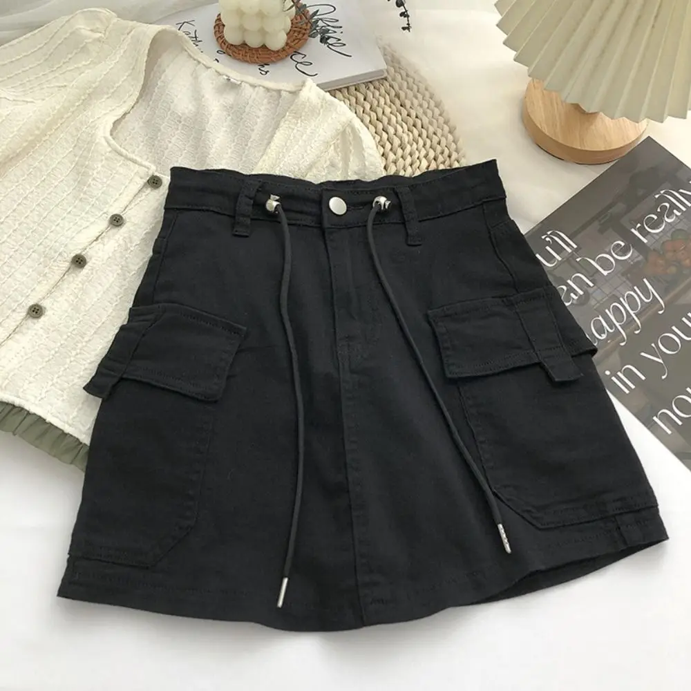 

Vintage Drawstring Denim Skirt Slim High Waisted A-line Skirt Summer Spring Sheath Skirt Women Girl