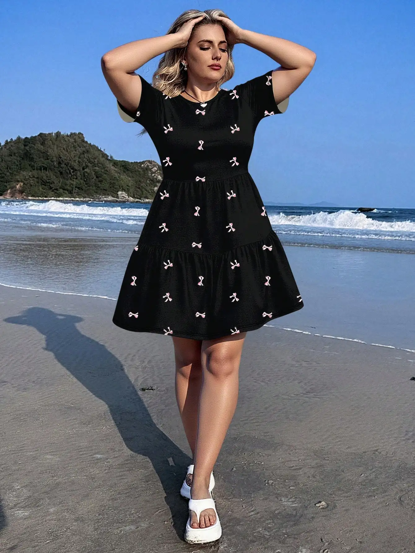

Black Bow Print Tiered A-Line Mini Dress Beach Holiday Summer Casual