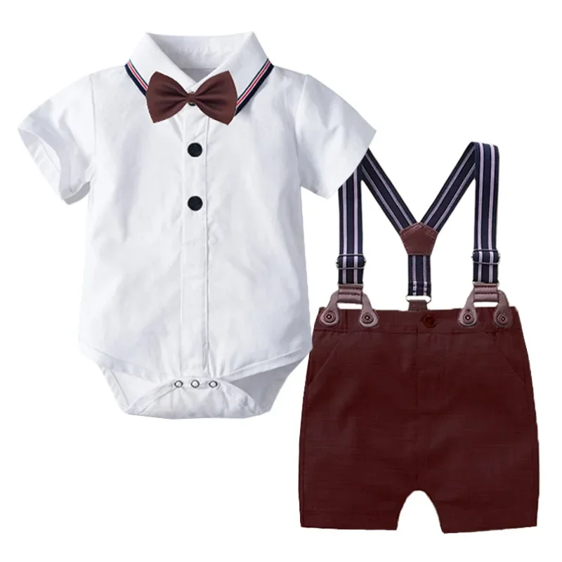 Newborn Baby Boy Bow Formal Romper Clothes Suits Gentleman Party Suit Soft Cotton Jumpsuit + Suspender Pants Infant Toddler Set